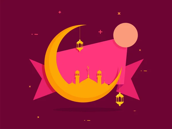 Croissant Jaune Lune Avec Mosquée Lanternes Suspendues Ruban Vide Sur — Image vectorielle