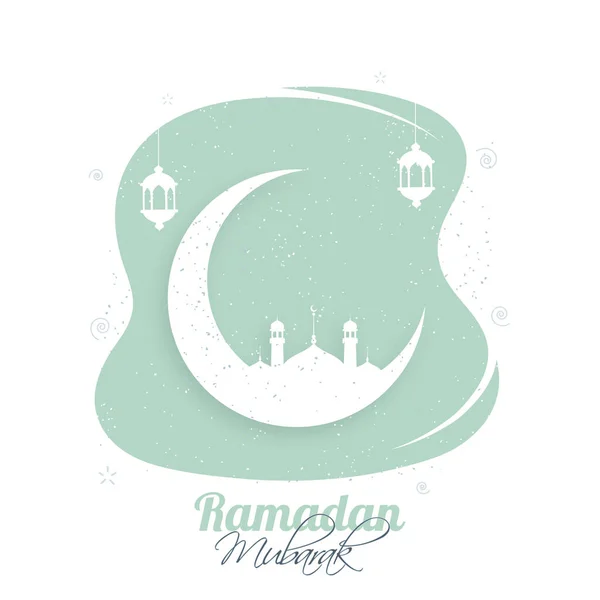 Ramadan Mubarak Koncepció Félhold Mecset Lámpások Kapaszkodnak Türkiz Fehér Háttér — Stock Vector