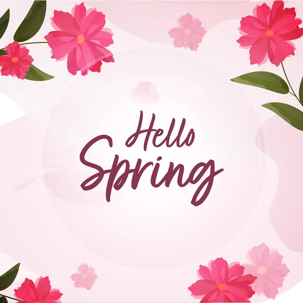 Γεια Άνοιξη Γραμματοσειρά Όμορφα Λουλούδια Και Φύλλα Διακοσμημένα Ροζ Φόντο — Διανυσματικό Αρχείο