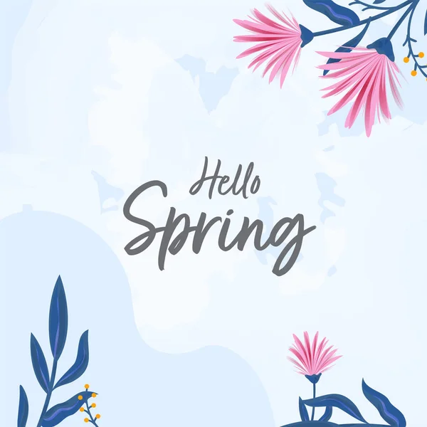 Ciao Spring Font Flowers Foglie Decorate Sfondo Blue Grunge — Vettoriale Stock