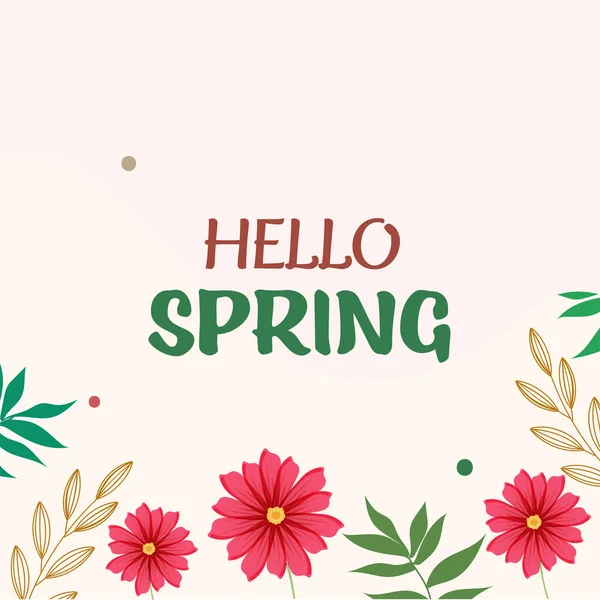 Hello Spring Font Flowers Leaves Stem Decorated Pastel Pink Tło — Wektor stockowy