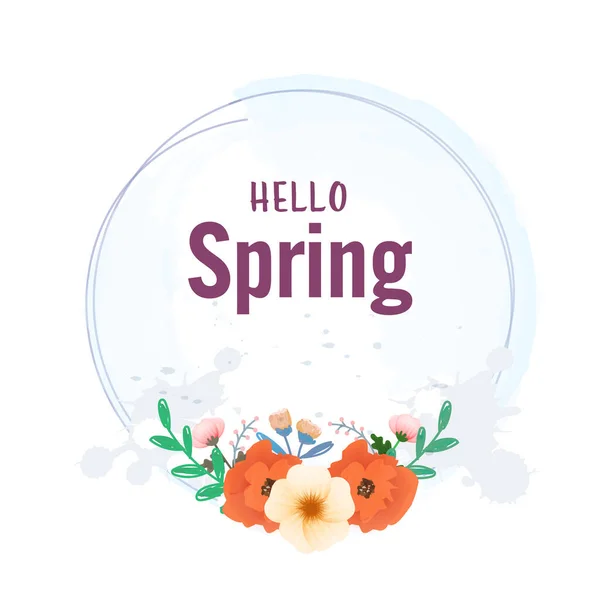 Hello Spring Font Circular Frame Decrated Floral White Background — 图库矢量图片