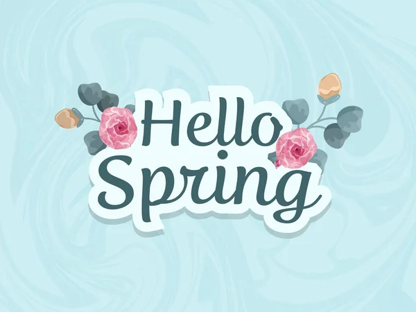 Sticker Style Hello Spring Font Rose Flowers Blue Liquid Marbling — Stockový vektor