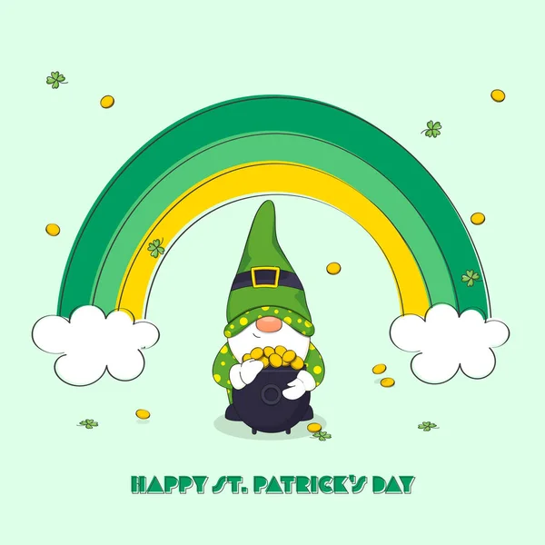 Happy Patrick Day Font Cartoon Gnome Holding Cauldron Coins Leprechaun — Stock Vector