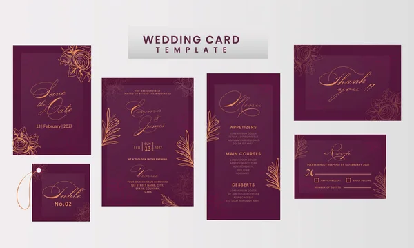Hochzeitskarte Suite Template Layout Mit Blumen Lila Und Orange Farbe — Stockvektor
