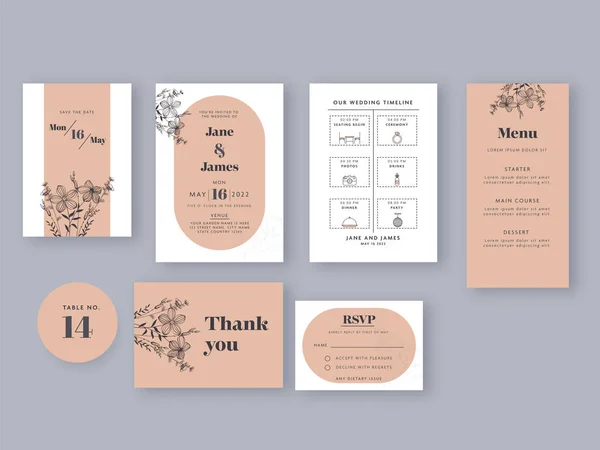 Hochzeitskarte Suite Template Layout Weiß Und Pfirsichfarben — Stockvektor
