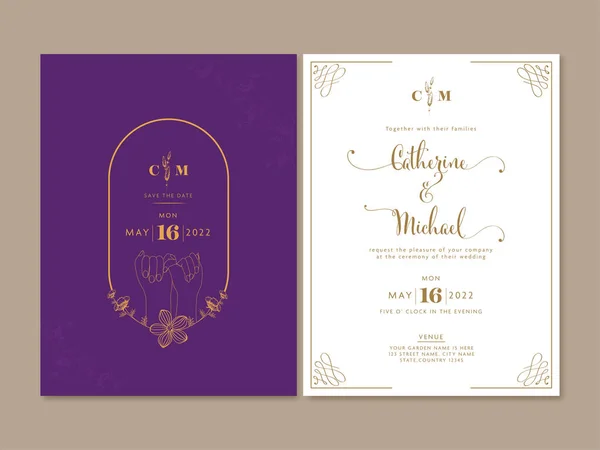 Wedding Invitation Cards One Finger Hold Hands Couple Purple White — Stock Vector