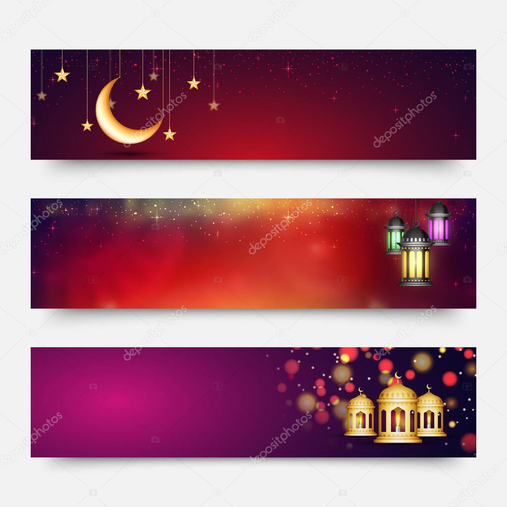 Glowing Header Or Banner Set With Golden Crescent Moon, Stars, Lanterns And Copy Space For Holy Month of Muslim Community Festival Concept.