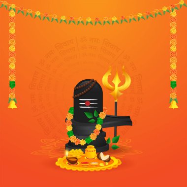 Lord Shiva Lingam Rudraksha Mala (Hindu Dua Boncukları), Bael Yaprakları, Çiçek Çelengi, Orange Round Om Namah Shivay Yazı Arkaplanda Tapınak Tabağı ve Altın Trishul.