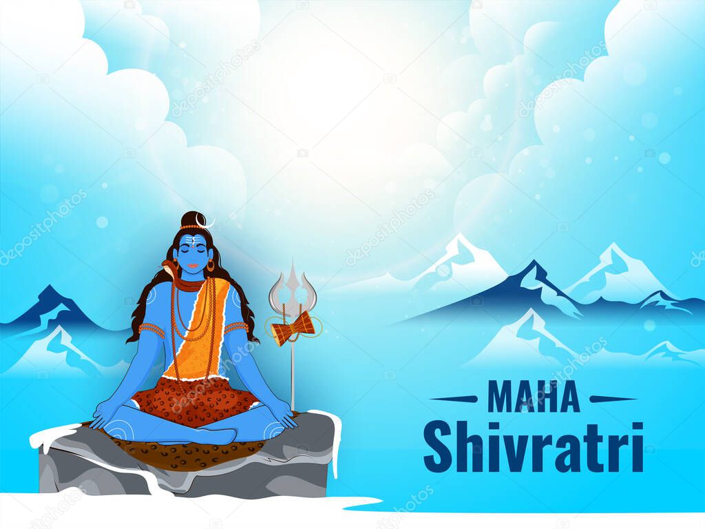 Maha Shivratri Concept With Lord Shiva Meditating On Floating Rock And Shiny Blue Mountain Background.