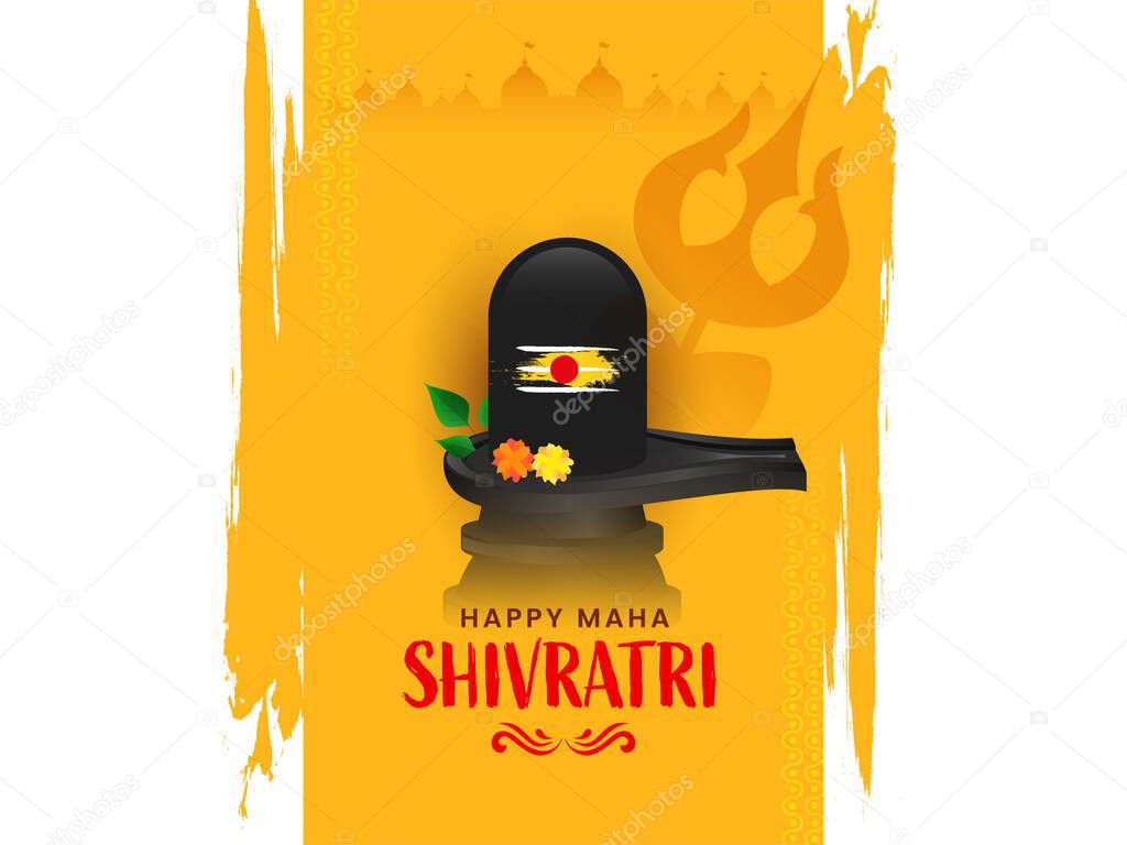 Happy Maha Shivratri Concept With Worship Lingam Statue And Orange Brush Effect On White Background.