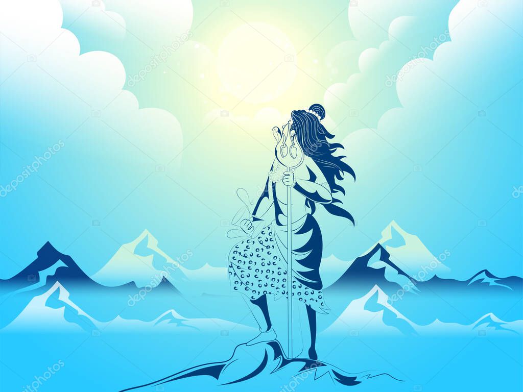 Hindu Mythology Lord Shiva Standing Over Icing Rock On Sunshine Blue Mountain Background.