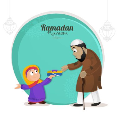 Karikatür Müslüman Kız, Ramazan Kareem Konsepti İçin Turkuazdaki Fakir Adam 'a ve Beyaz Arkaplan' a Giysi Sunuyor.
