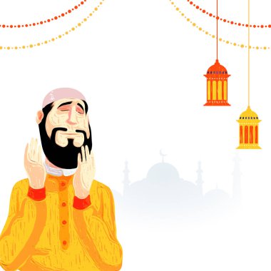 Müslüman Adam Namaz 'ı Sunuyor (Dua) ve Siluet Camii' nin Beyaz Arkaplanına Fenerler Asıyor.