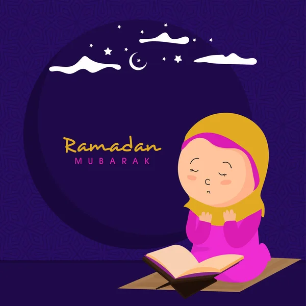 Cartoon Islamic Girl Ofreciendo Namaz Oración Con Sagrado Libro Del — Vector de stock