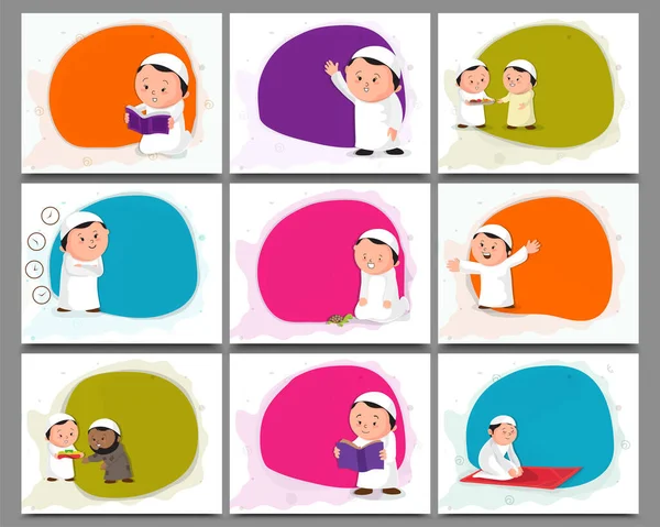 Set Muslim Men Showing Different Rituals Religious Activities Copy Space — Stock Vector