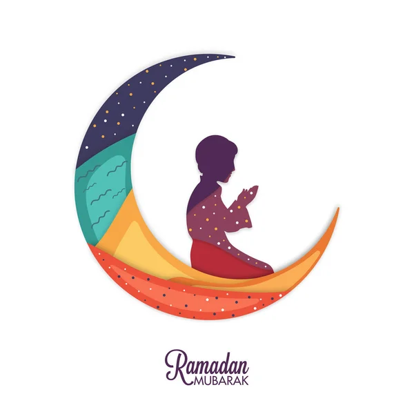 Luna Creciente Estilo Papel Colorido Con Niño Ofreciendo Namaz Oración — Vector de stock