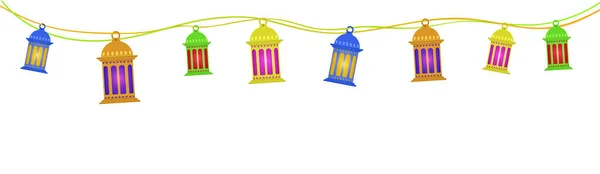 Lanterne Arabe Variopinte Bordo Decorato Ghirlanda Sfondo Bianco Spazio Copia — Vettoriale Stock