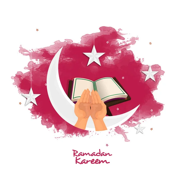 Concept Ramadan Kareem Avec Croissant Lune Mains Prière Religieuses Livre — Image vectorielle