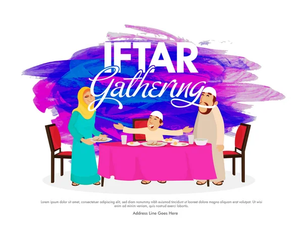 Iftar Verzamelen Affiche Ontwerp Met Islamitische Familie Uitgenodigd Eettafel Abstract — Stockvector