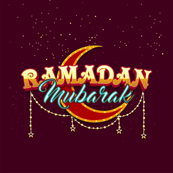 Golden Blue Ramadan Mubarak Font Crescent Moon Marquee Lights Star — Stock Vector