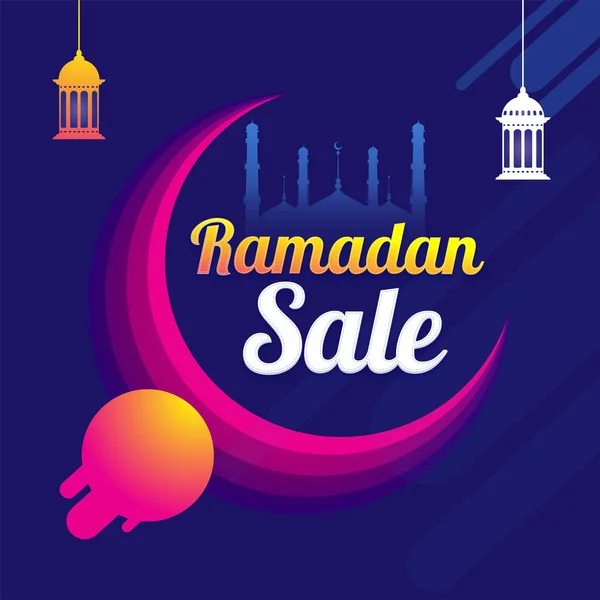 Ramadan Sprzedaż Plakat Projekt Różowym Księżycem Półksiężyca Latarnie Powiesić Tle — Wektor stockowy