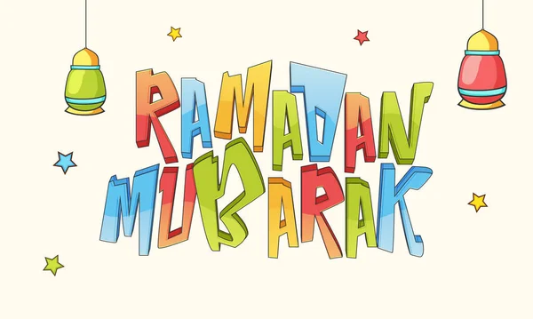 Farbenfroher Ramadan Mubarak Text Mit Hängenden Laternen Und Sternen Auf — Stockvektor