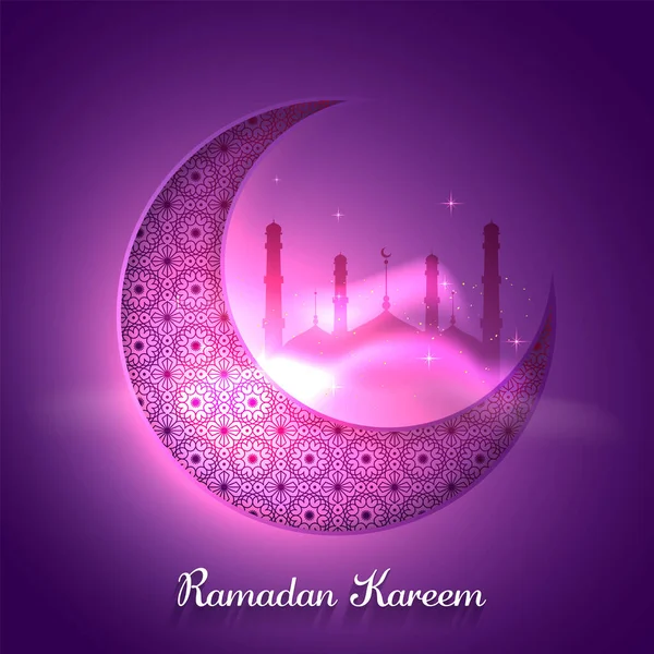 Ramadan Kareem Celebration Concept Elegant Crescent Moon Glowing Mosque Purple — Stock Vector