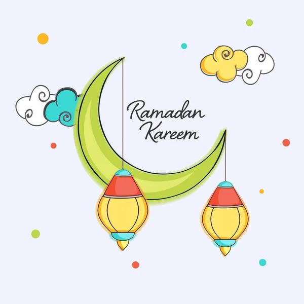 Ramadan Kareem Concept Met Halve Maan Hangende Lantaarns Wolken Lichtblauwe — Stockvector