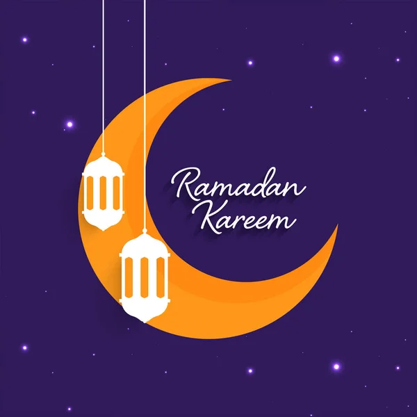 Ramadan Kareem Concept Avec Croissant Lune Orange Suspendus Lanternes Arabes — Image vectorielle