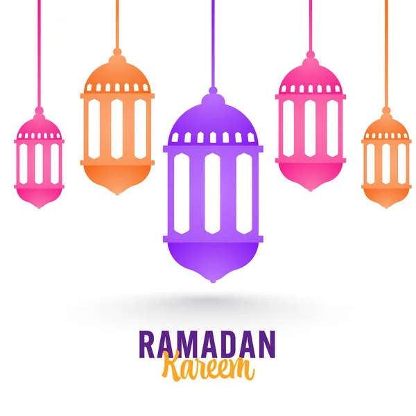 Ramadan Kareem Greeting Card Hanging Colorful Arabic Lanterns Decorated White — Stock Vector