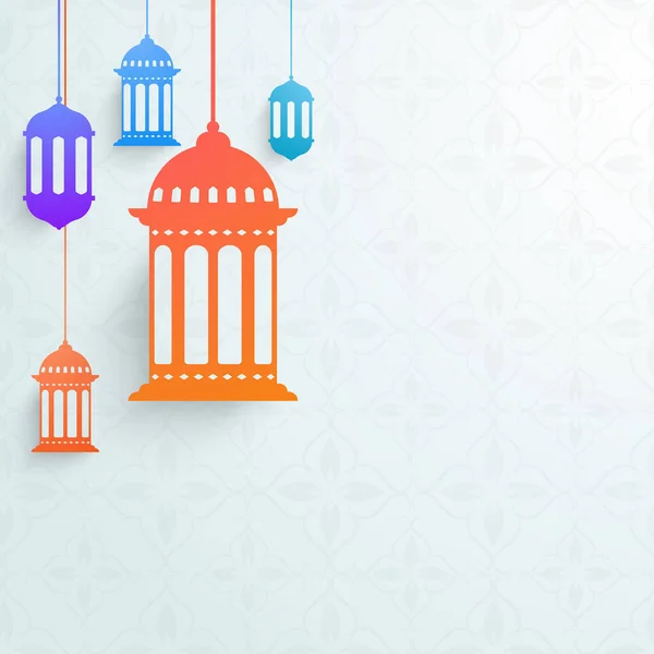 Lanternes Arabes Colorées Suspendues Décorées Sur Fond Design Floral Bleu — Image vectorielle