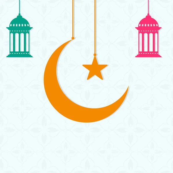 オレンジ三日月 ランタンとイスラム祭りのコンセプトは 花のデザインの背景にハングアップし スペースをコピー — ストックベクタ
