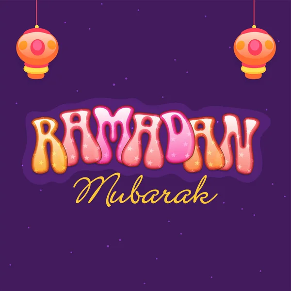 Stylish Ramadan Mubarak Font Hanging Lanterns Purple Background — стоковий вектор