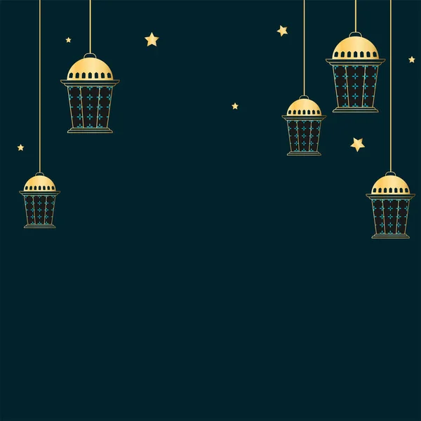 Arabic Lanterns Hang Golden Stars Decorated Teal Background Copy Space — Stock Vector