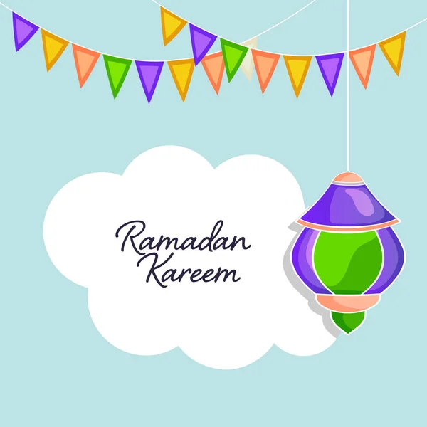 Ramadan Kareem Ευχετήρια Κάρτα Κρεμαστό Φανάρι Σημαία Στολισμένη Λευκό Και — Διανυσματικό Αρχείο
