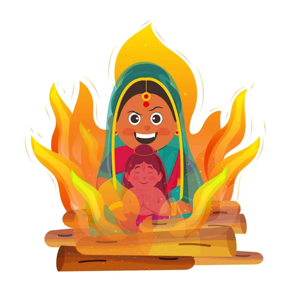 Illustration Von Holika Mit Prahlad Sitting Fire Für Holika Dahan — Stockvektor