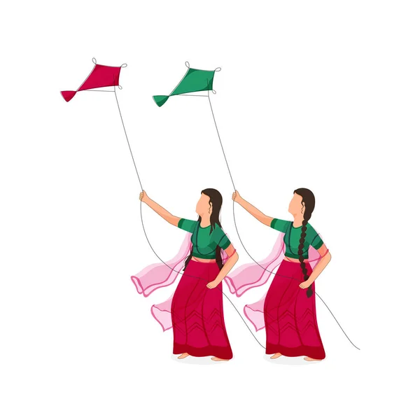 漫画インドの若い女の子は白い背景に凧を飛んで — ストックベクタ