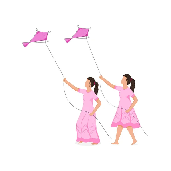 Νέα Κορίτσια Χωρίς Πρόσωπο Πετούν Χαρταετούς Λευκό Φόντο — Διανυσματικό Αρχείο