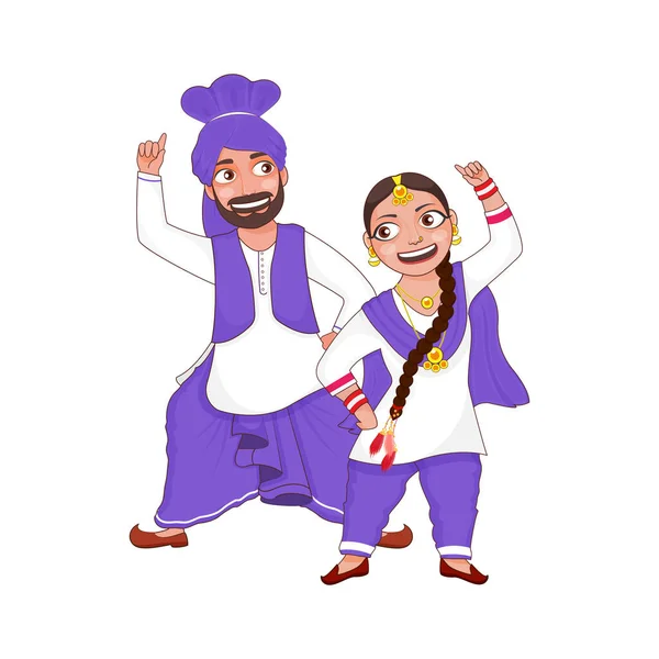 Cheerful Punjabi Couple Performing Bhangra Dance Traditional Attire — Stock Vector