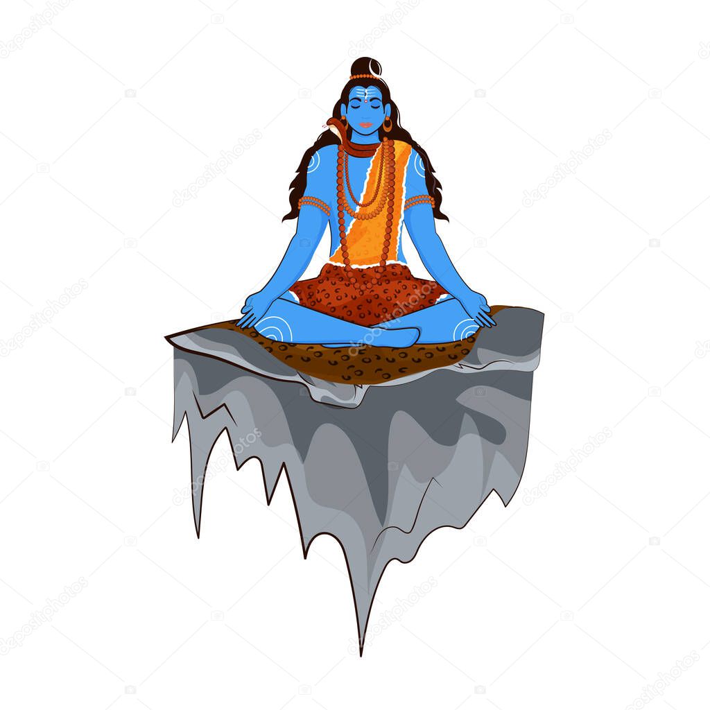 Illustration Of Hindu Lord Shiva Meditating On Rock Against White Background.