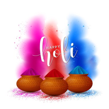 Pudra dolu gerçekçi çamur çömlekleri ve beyaz arka planda bulanık renk lekeleriyle Mutlu Holi Kutlama Kavramı.