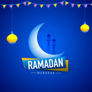 Ramazan Mübarek Kavramı Parlak Hilal Ay, Minareler, Asılı Fenerler ve Mavi Arkaplanda Bunting Bayrakları.