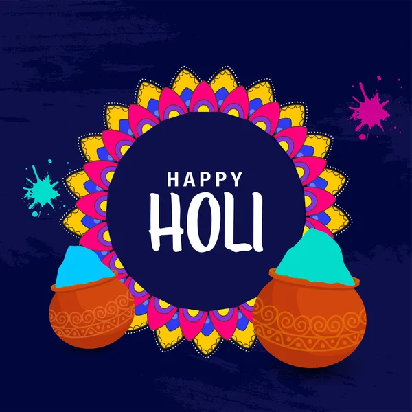 Happy Holi Polices Sur Mandala Frame Avec Des Pots Boue — Image vectorielle