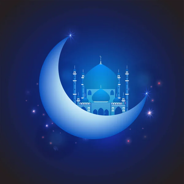 Lune Brillante Croissant Avec Illustration Mosquée Sur Fond Bleu Dégradé — Image vectorielle