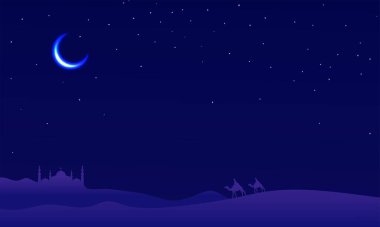 Mavi Çöl Gecesi Arkaplanı. Hilal Ay 'ı, Siluet Camii' ni, Deve Sürüp Boşluğu Kopyalayan İnsanlar..