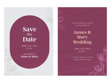 Düğün davetiyeleri Koyu Mor ve Gri Çiçeklerle süslenmiş.