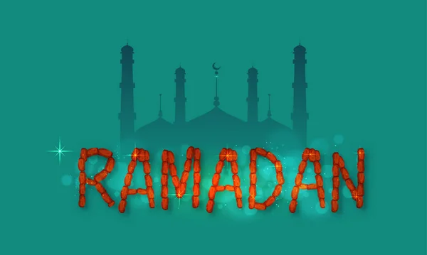 Ramadan Font Made Dates Fruit Lights Effect Silhouette Mosque Dark — 스톡 벡터