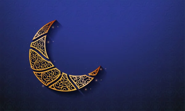 Golden Ornament Crescent Moon Lights Effect Copy Space Blue Islamic - Stok Vektor