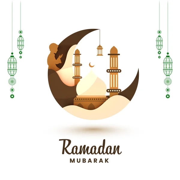 Ramadan Mubarak Konzept Mit Halbmond Moschee Hängenden Lampen Und Silhouette — Stockvektor